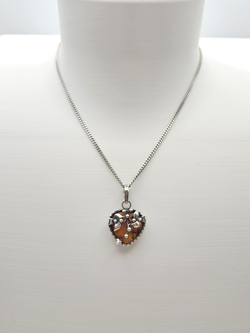Sterling Silver Genuine Amber Heart Pendant Necklace